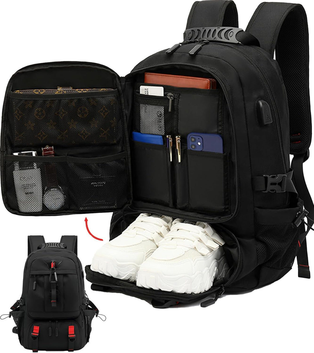 Unisex 60L waterdichte laptoprugzak met USB-poort en schoenenvak, ideaal voor reizen en school.