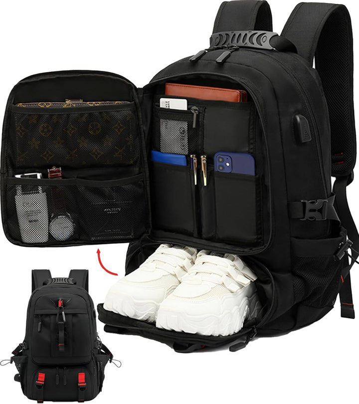 Unisex 60L waterdichte laptoprugzak met USB-poort en schoenenvak, ideaal voor reizen en school.