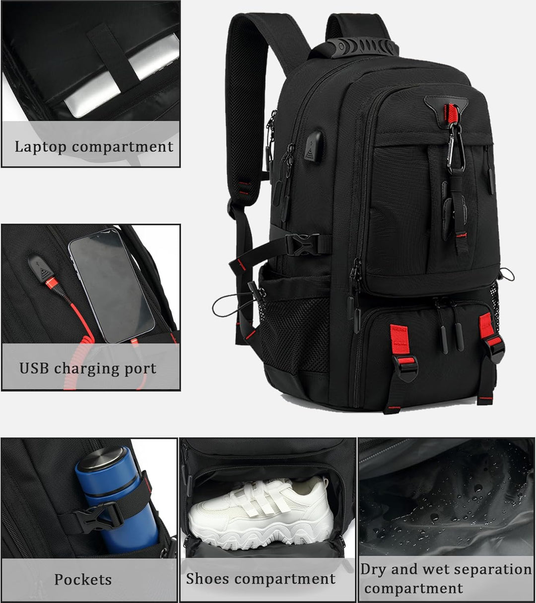 Detail van de ingebouwde USB-oplaadpoort op de 60L waterdichte rugzak, perfect voor onderweg.