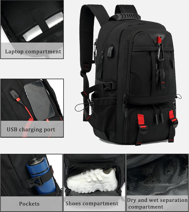 Detail van de ingebouwde USB-oplaadpoort op de 60L waterdichte rugzak, perfect voor onderweg.