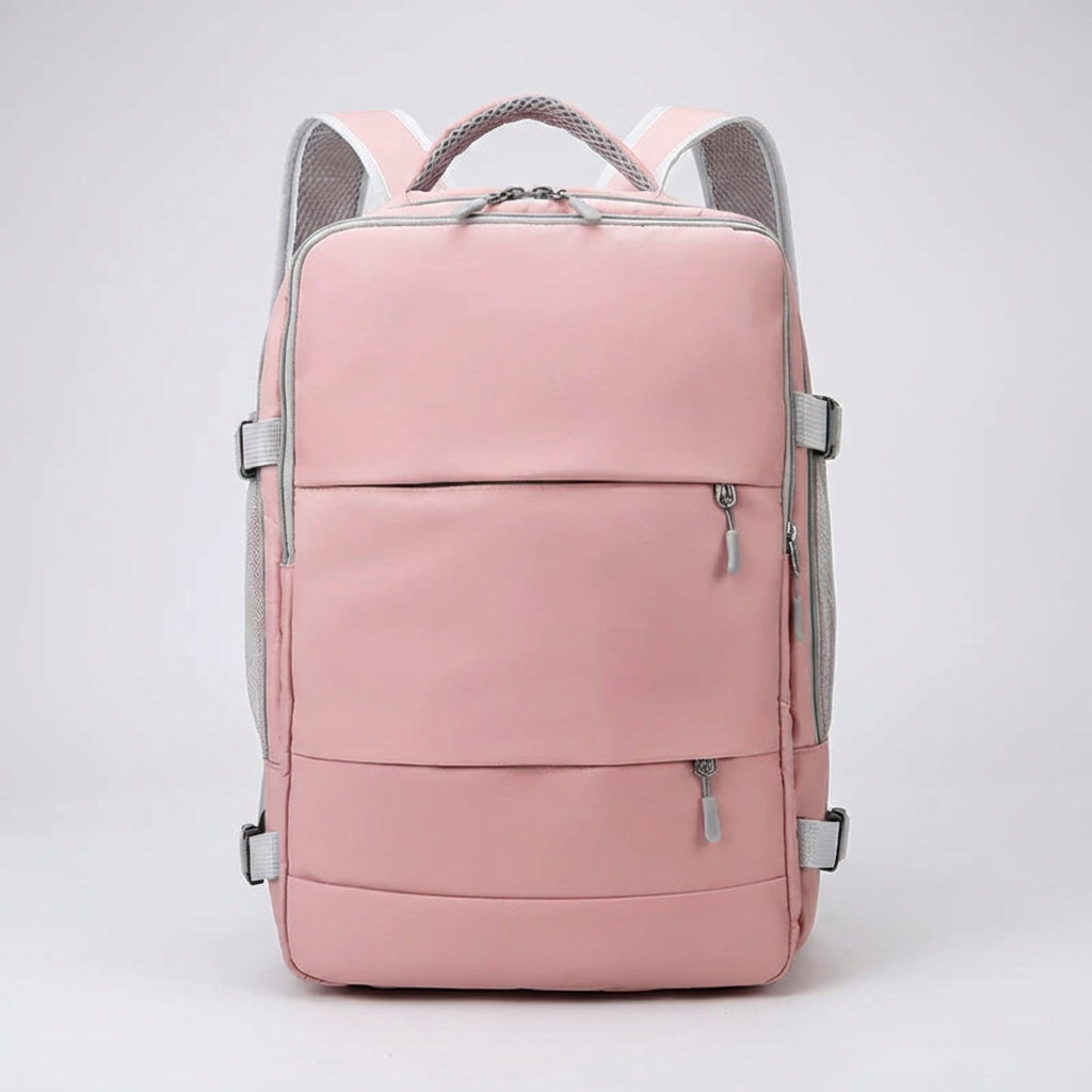 Open anti-diefstal rugzak Nomadelle, toont georganiseerd interieur met laptopvak en diverse compartimenten.