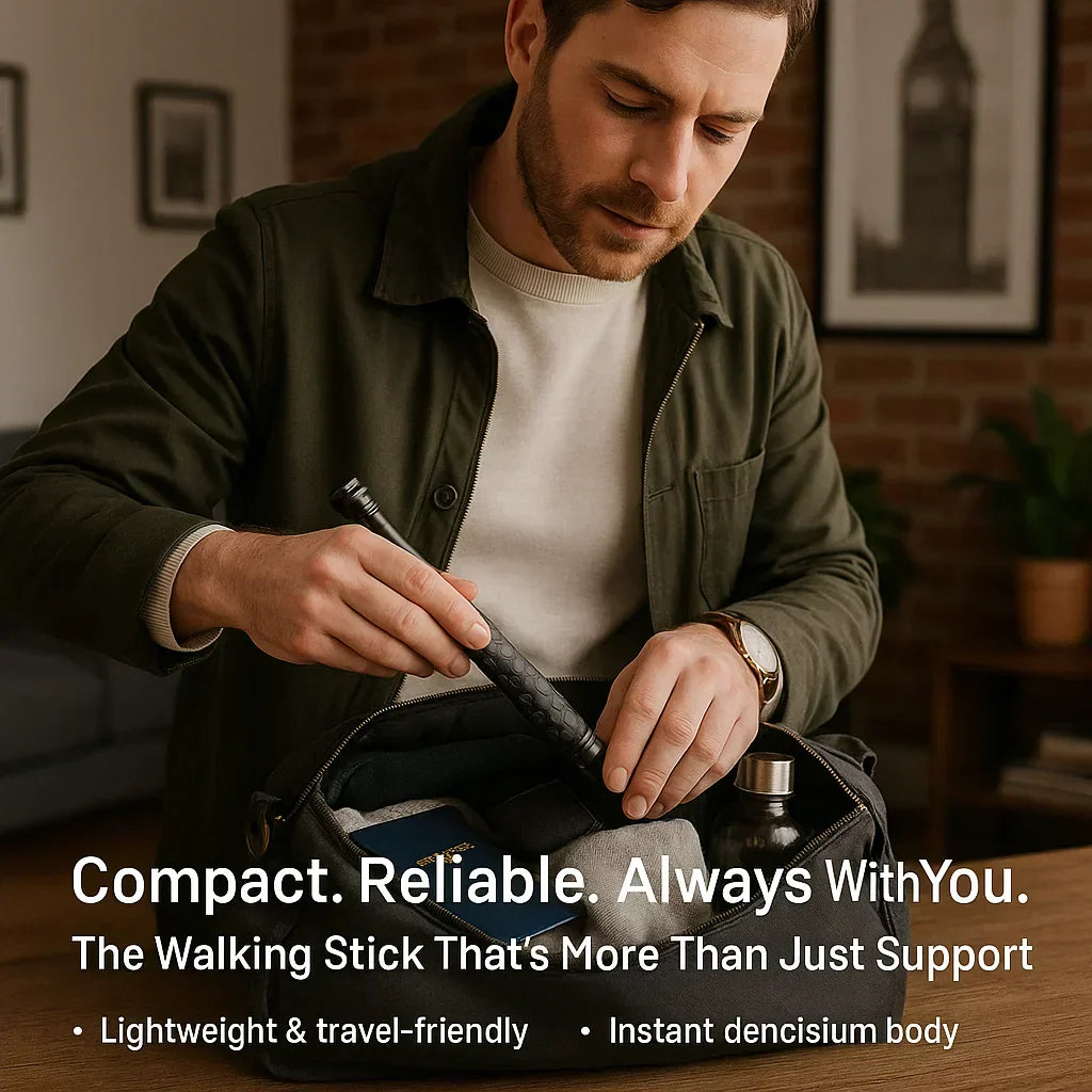 Detail van het ergonomische handvat van de zelfverdedigings wandelstok voor comfort en grip.