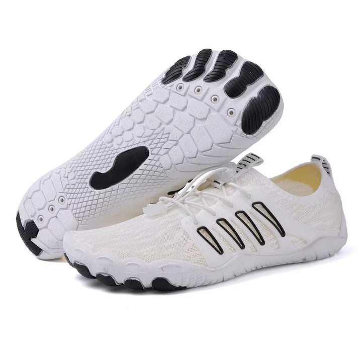 Ademende stof van unisex barefoot schoenen, biedt lichtgewicht comfort en natuurlijke voetondersteuning.