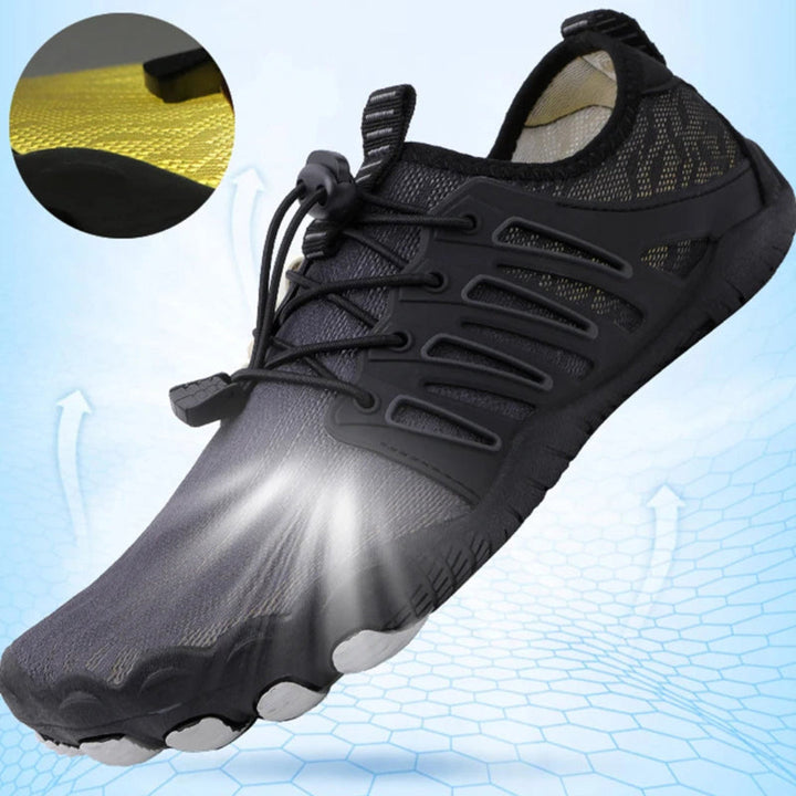 Platte zool van unisex barefoot schoenen, bevordert natuurlijk bewegen en biedt optimale voetondersteuning.