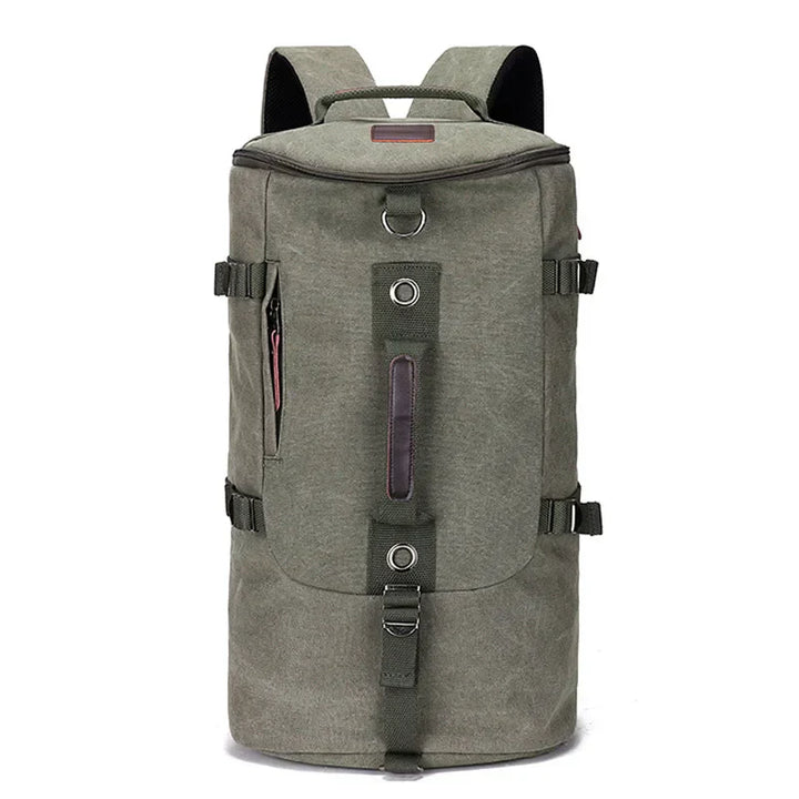 Grote capaciteit canvas rugzak TrailHaven met meerdere compartimenten, ideaal voor georganiseerd reizen.