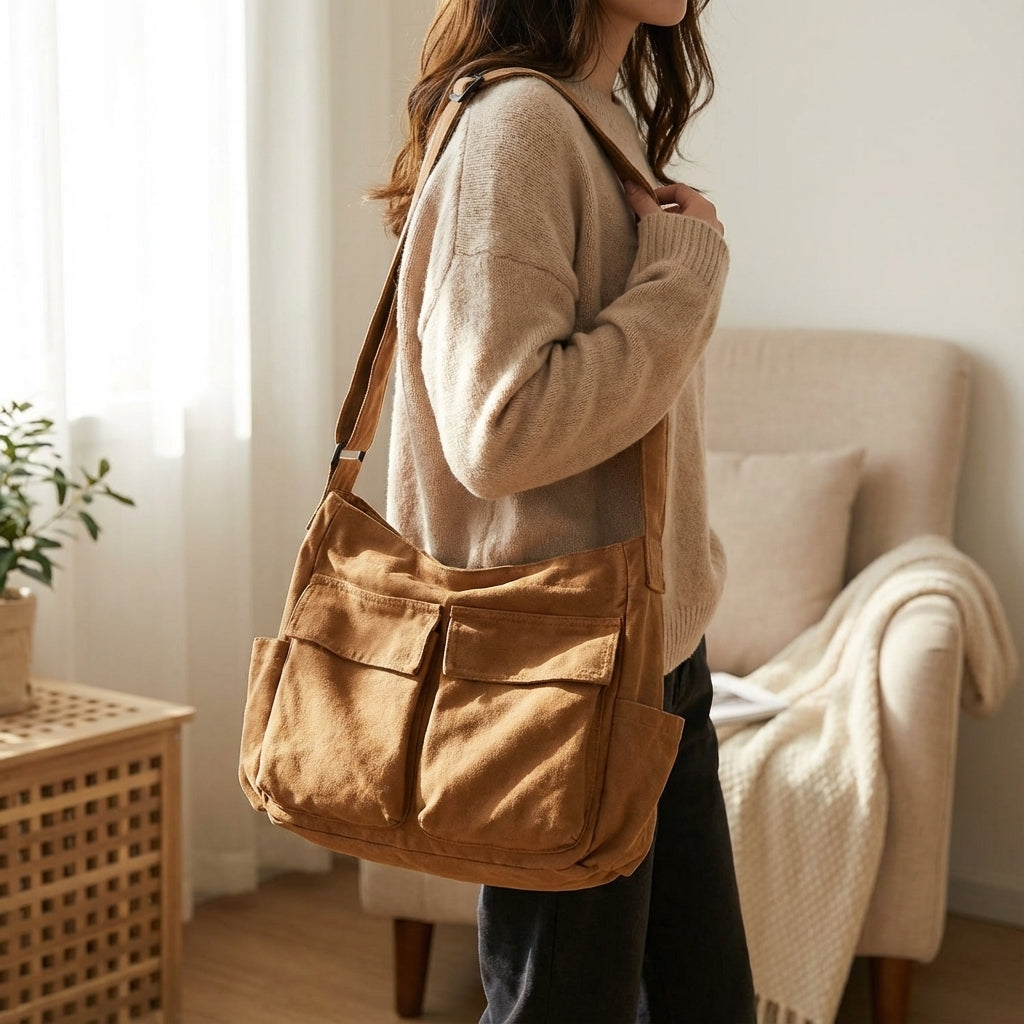 Unisex canvas schoudertas met multi-vakken, ideaal als lichtgewicht organiser tas voor dagelijks gebruik.