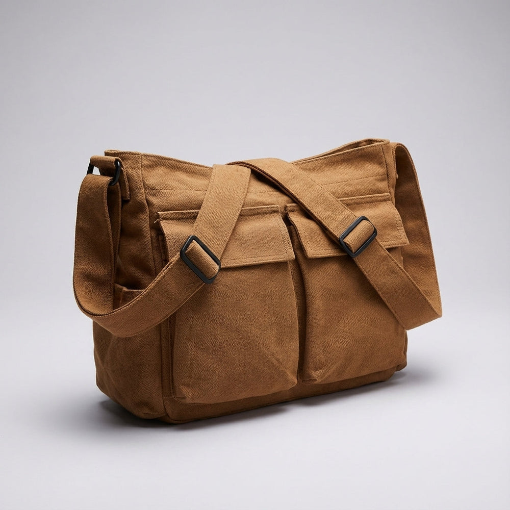 Praktische canvas crossbody tas met meerdere vakken, perfect als duurzame opbergtas voor heren en dames.