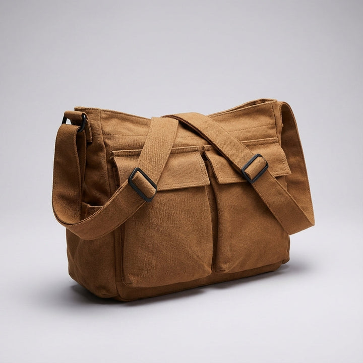 Praktische canvas crossbody tas met meerdere vakken, perfect als duurzame opbergtas voor heren en dames.