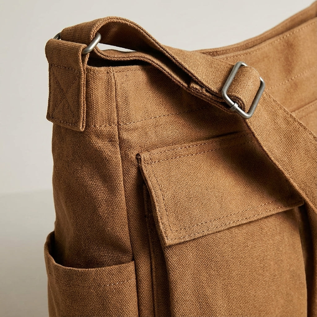 Lichtgewicht unisex schoudertas van canvas met veel vakken, comfortabel voor dagelijks gebruik en eenvoudig mee te nemen.
