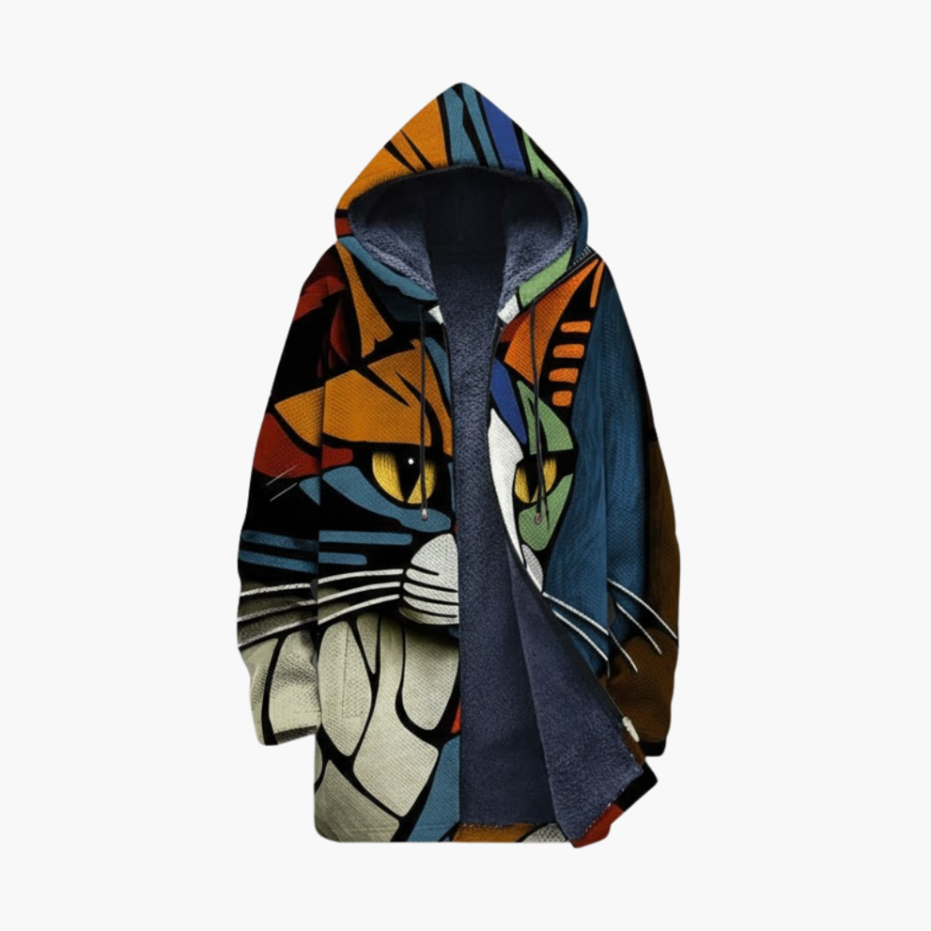 Unisex capuchonvest met ritssluiting en opvallende abstracte kattenprint. Ideaal voor casual comfort en stijl.