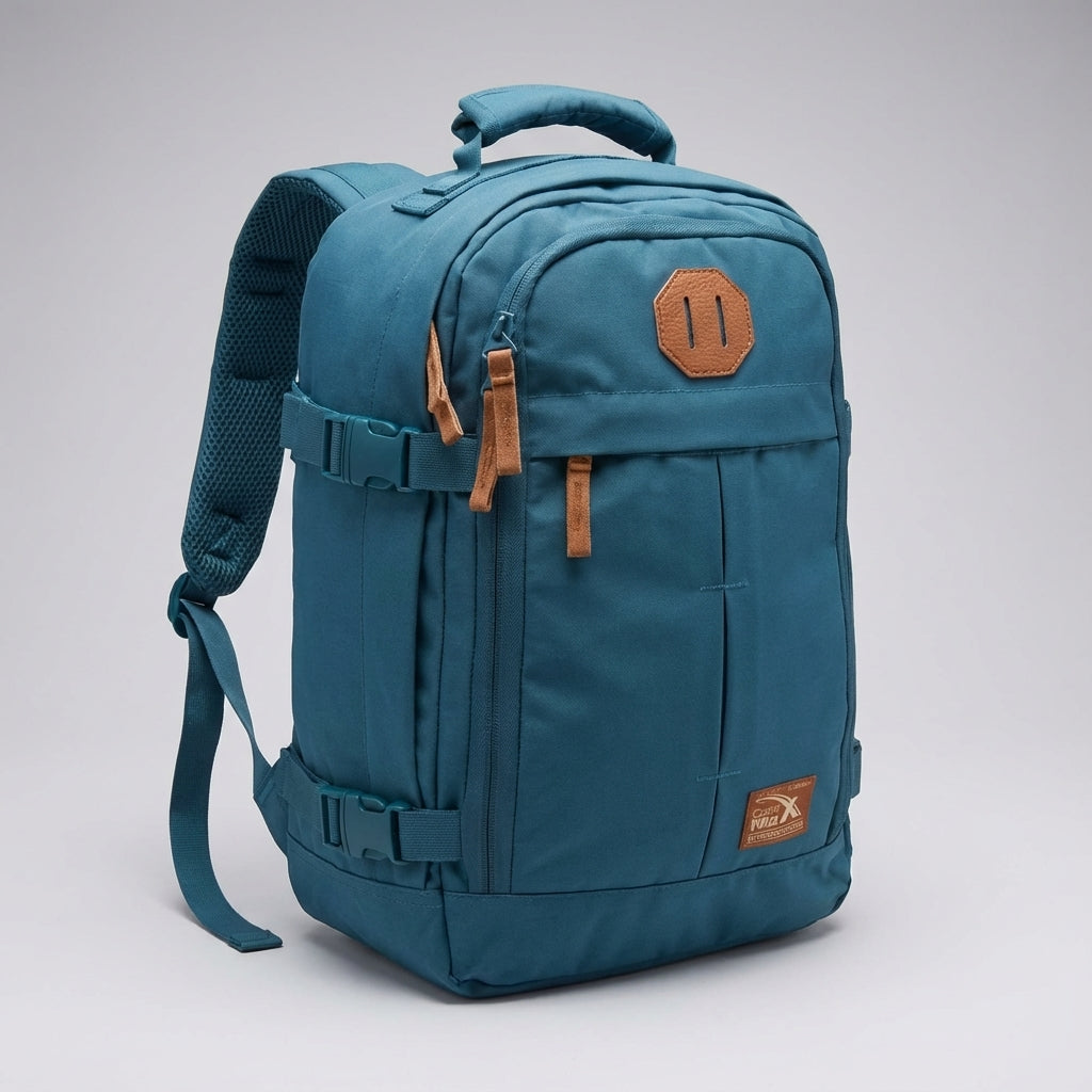 Zijkant van de NomadLite 30 liter rugzak, geoptimaliseerd voor handbagage en compact reizen.