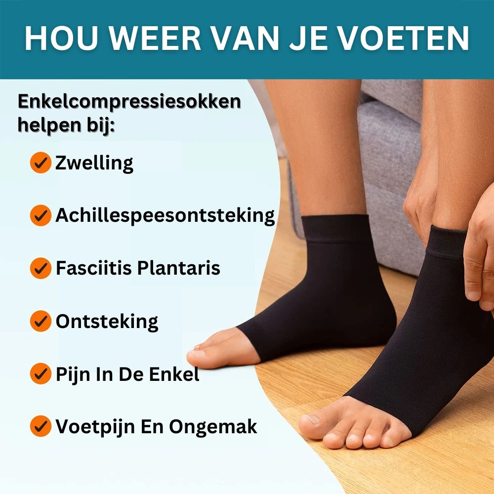 Unisex compressiekousen met extra ondersteuning voor enkels. Ideaal bij lang staan of lopen, tegen voetpijn.