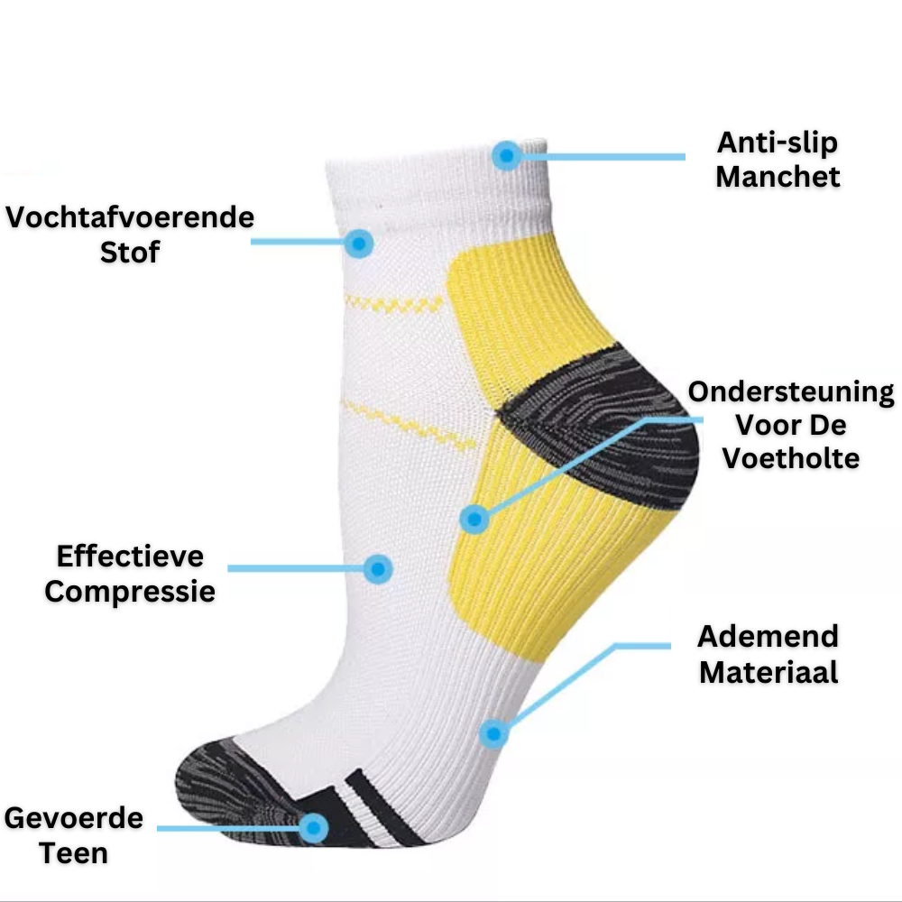 Ondersteunende compressiesokken verminderen vermoeide voeten en benen, ideaal voor dagelijks comfort en lang staan.