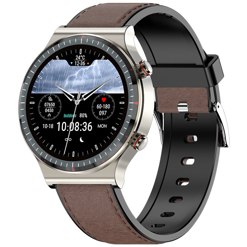 Heren smartwatch met EKG, SpO2 en hartslagmonitor elegant om de pols gedragen.