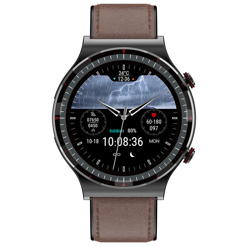 Smartwatch gekoppeld via Bluetooth aan smartphone, toont meldingen & data sync.