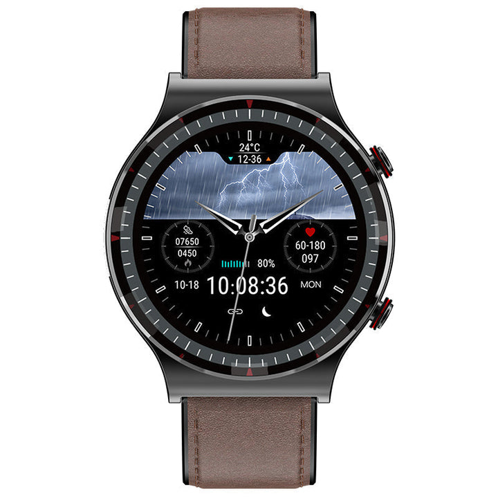 Smartwatch gekoppeld via Bluetooth aan smartphone, toont meldingen & data sync.