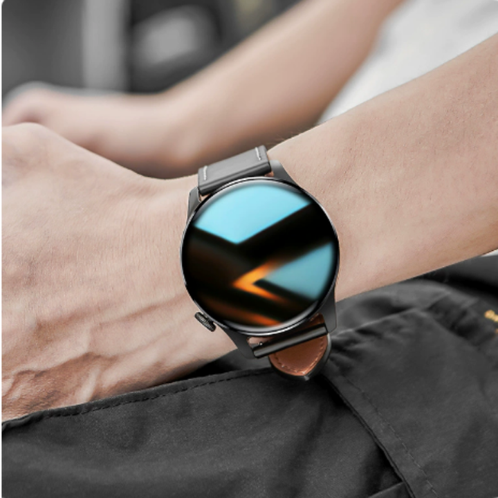 Unisex EKG smartwatch vanuit verschillende hoeken, toont strak design & display.