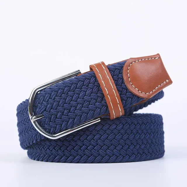 Zwarte elastische riem, faux leer, unisex en stijlvolle gesp, essentieel accessoire.