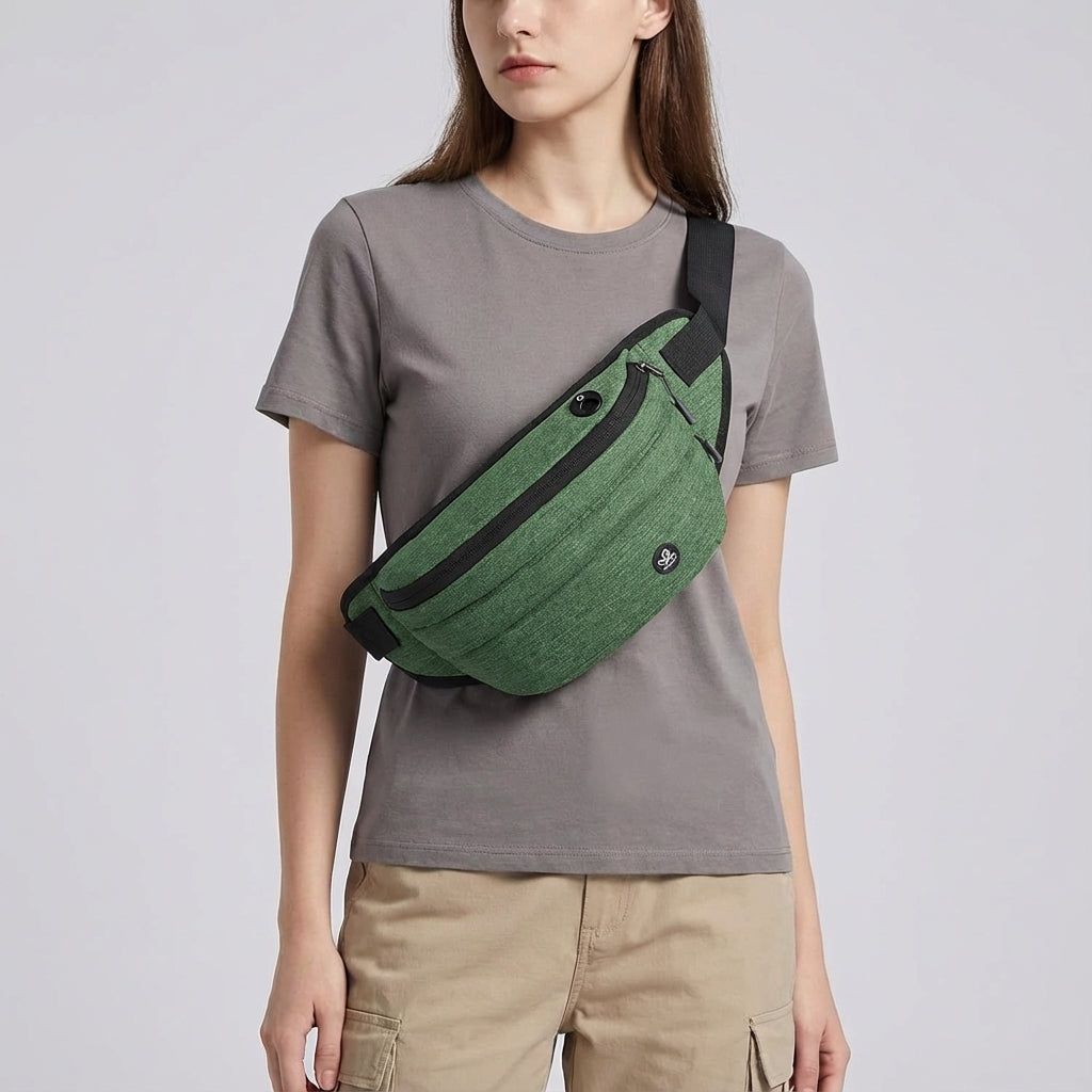 Detail van de multi-vakken in de waterafstotende FlexSling nylon sling tas. Handige indeling voor al je essentials.