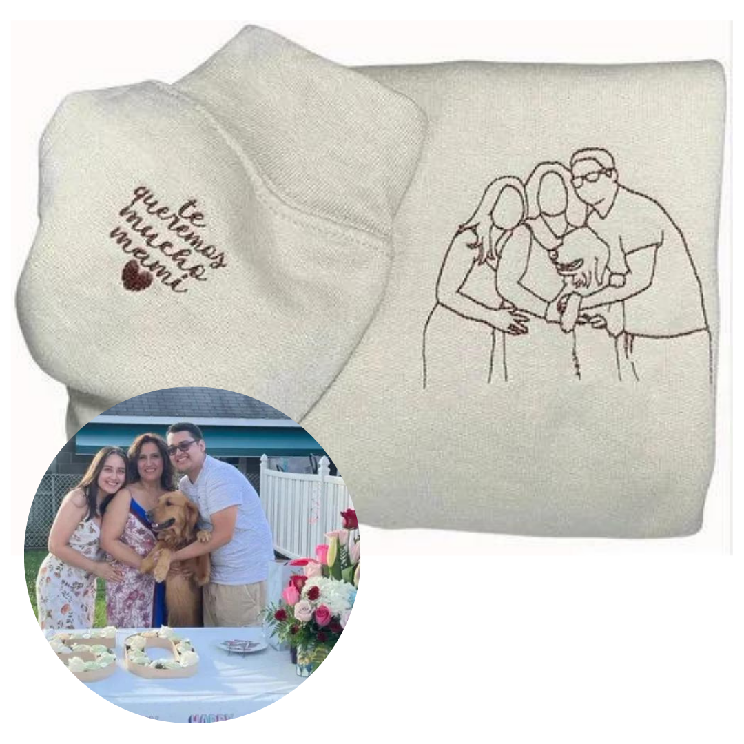 Gepersonaliseerde unisex kleding: T-shirt, hoodie of sweatshirt met geborduurde foto. Maak een stijlvol uniek cadeau.