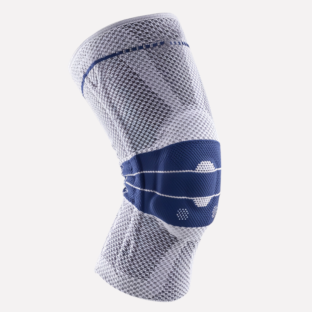 Unisex grijze siliconen kniekous voor comfortabele knieondersteuning, dagelijks gebruik en sportstabiliteit.