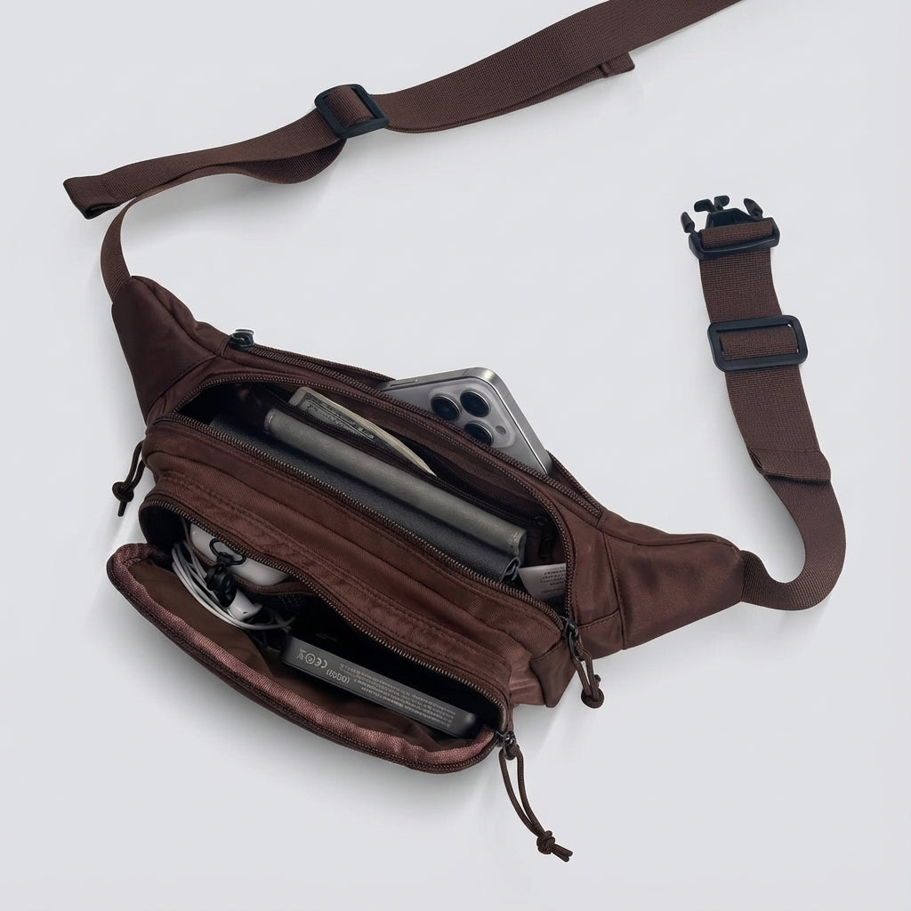 Waterbestendige nylon heuptas met ritsvakken, perfect als ruime reistas of dagtas voor mannen en vrouwen.