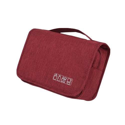 Zijaanzicht van ruime unisex reis toilettas organizer, waterdicht en hangend, ideaal voor al je reisaccessoires.