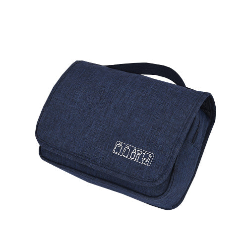 Vooraanzicht van unisex hangende reis toilettas, waterdicht, strak design en klaar voor elk reisavontuur.