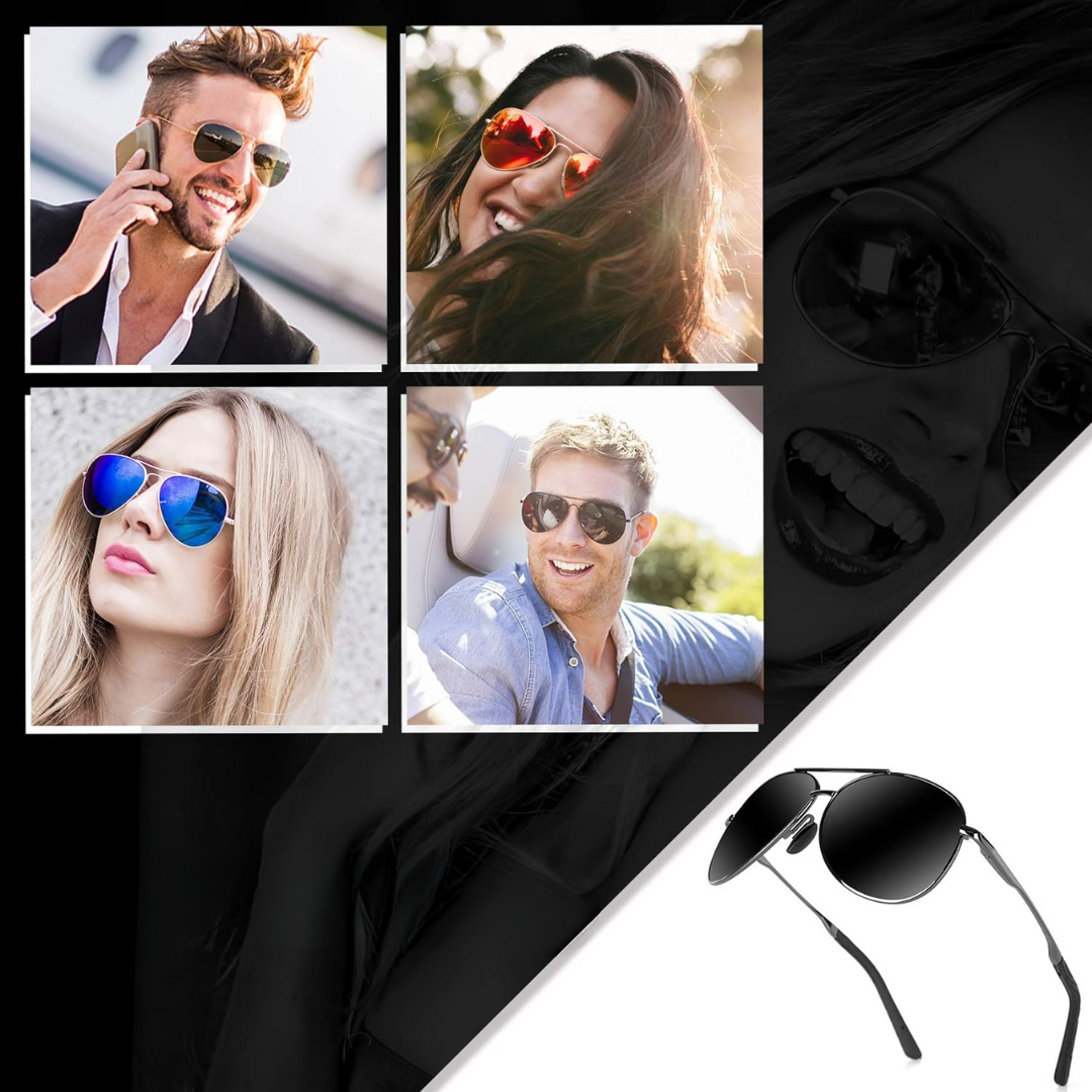 Strakke studiofoto van Joey unisex aviator zonnebril. Gepolariseerde UV400 glazen bieden perfecte bescherming.