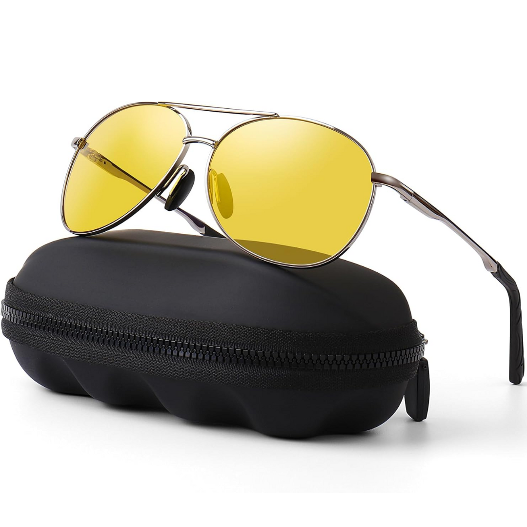 Zij-aanzicht van stijlvolle Joey aviator zonnebril op model. Met metalen frame, gepolariseerde UV400 glazen.