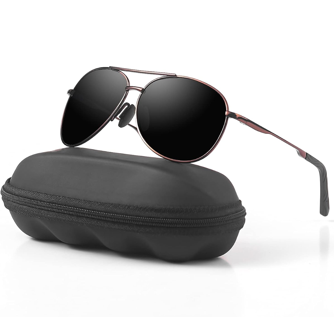 Glanzend metalen montuur van de Joey aviator zonnebril. Gepolariseerde UV400 glazen voor heren & dames.