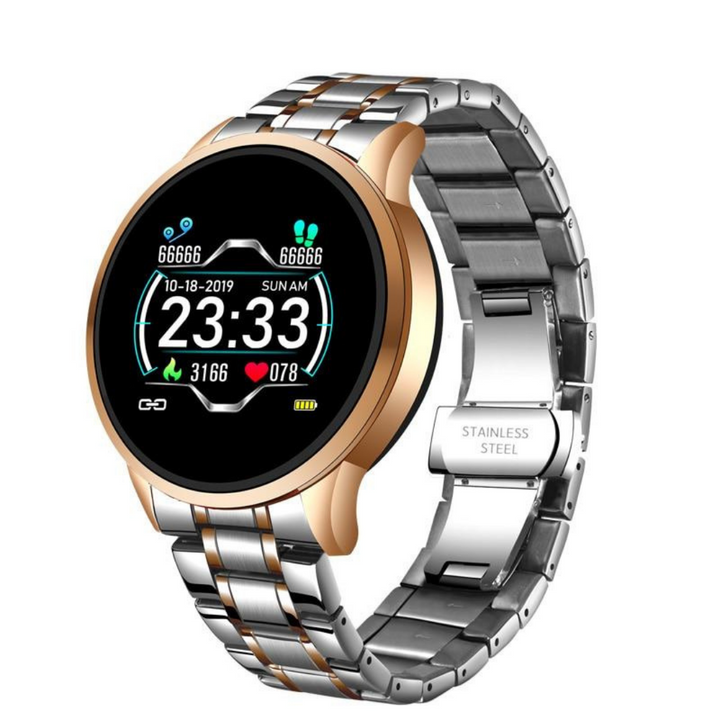 Elegante unisex smartwatch gedragen om de pols, toont meldingen en fitnesstracking via een helder display.