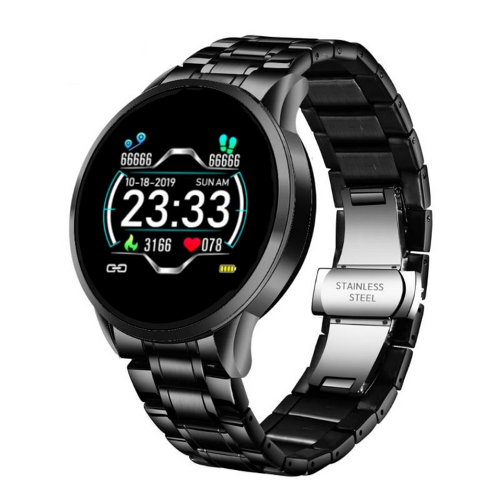 Detailopname van de wijzerplaat van een klassieke smartwatch, met slimme functies en analoge tijdweergave.
