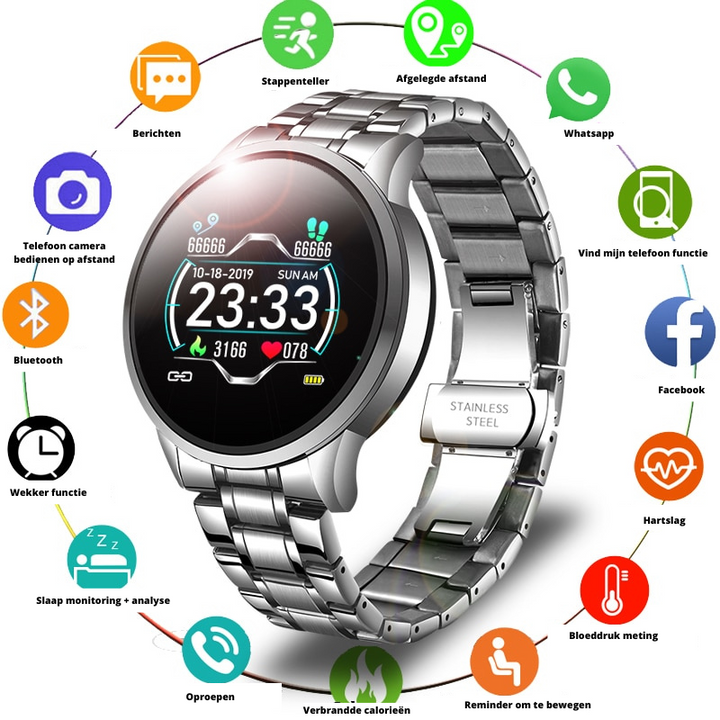 Duurzame unisex smartwatch met een slank profiel, combineert klassiek horlogedesign met moderne technologie.