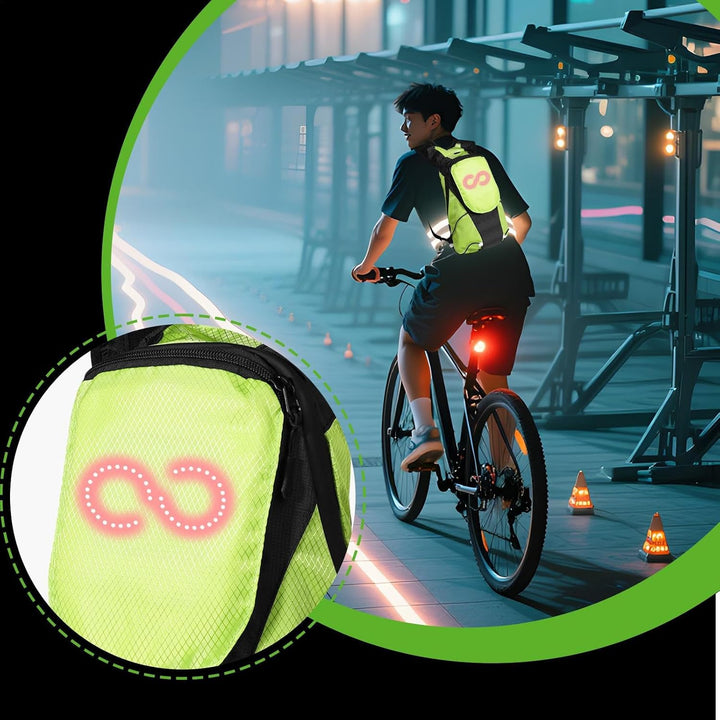 Actieve motorrijder draagt lichtgevende LED rugzak; veilige oplossing voor zichtbaarheid bij nacht.