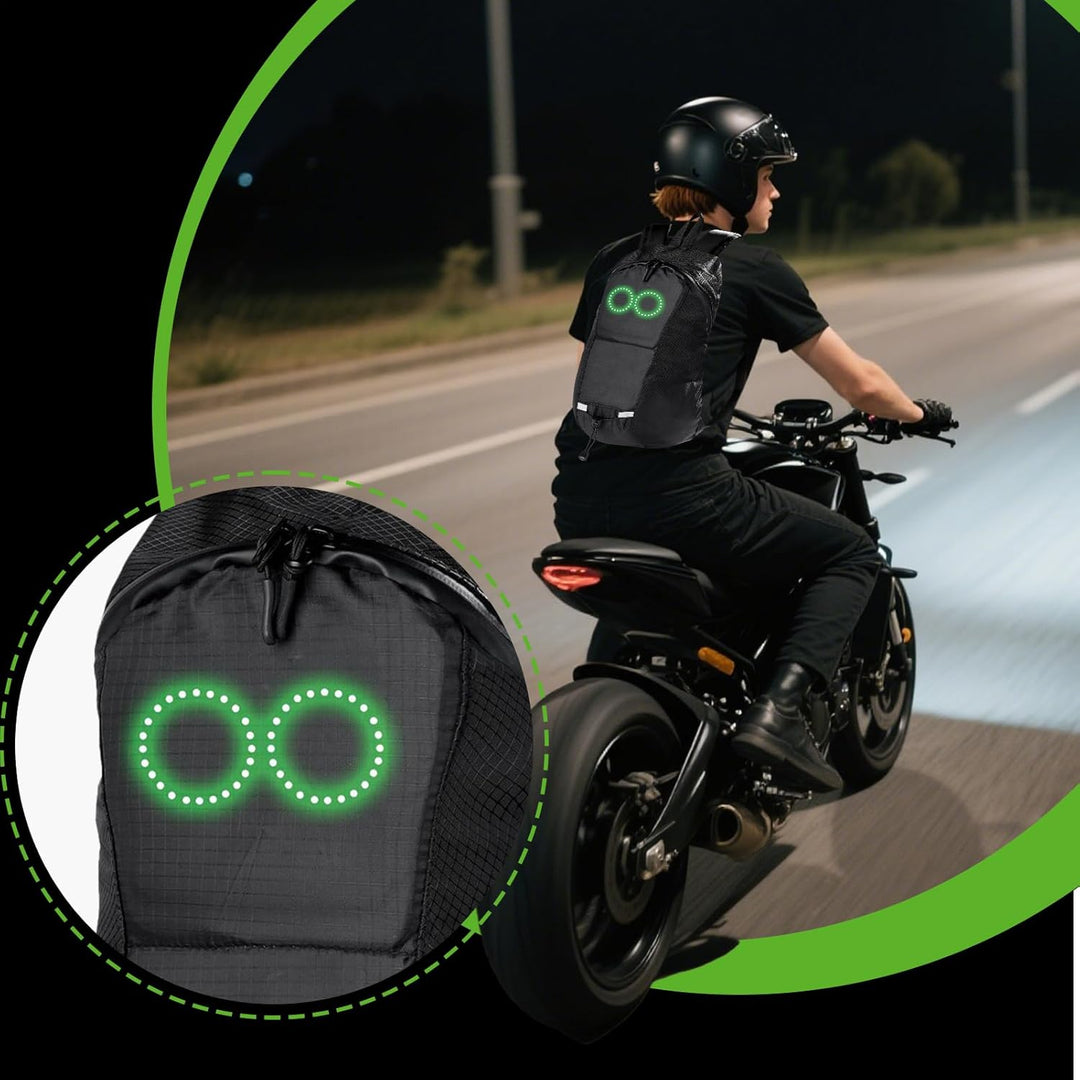 Stijlvolle unisex LED rugzak, waterdicht en verlicht; essentieel voor veiligheid tijdens fietsen en festivals.