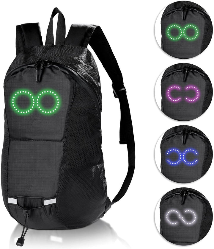 Veiligheidsrugzak met ingebouwde LED verlichting en waterdichte eigenschappen; ideaal voor fietsers en wandelaars.