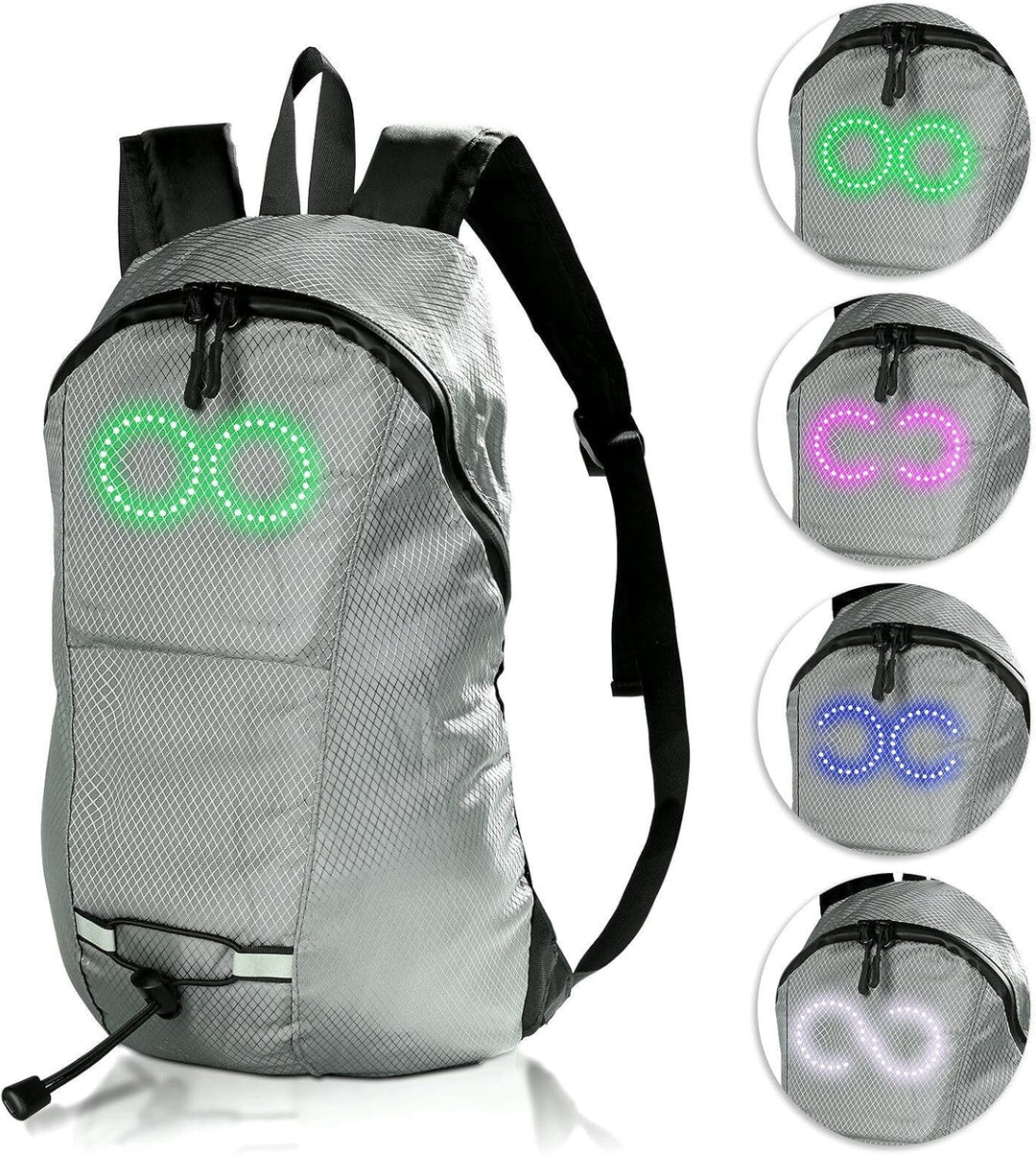 Compacte LED reisrugzak voor veiligheid, waterdicht ontwerp met opvallende lichtpatronen.
