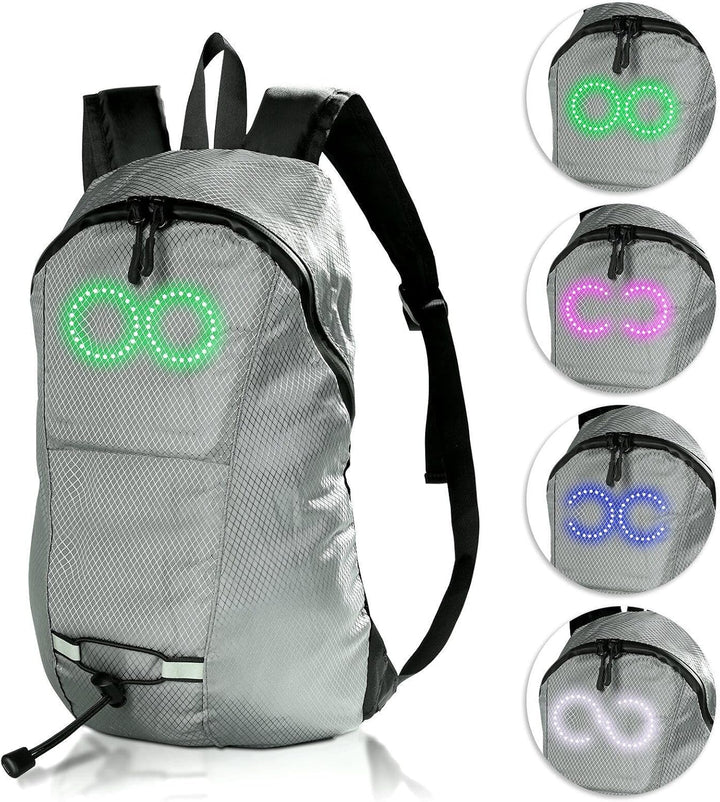 Compacte LED reisrugzak voor veiligheid, waterdicht ontwerp met opvallende lichtpatronen.