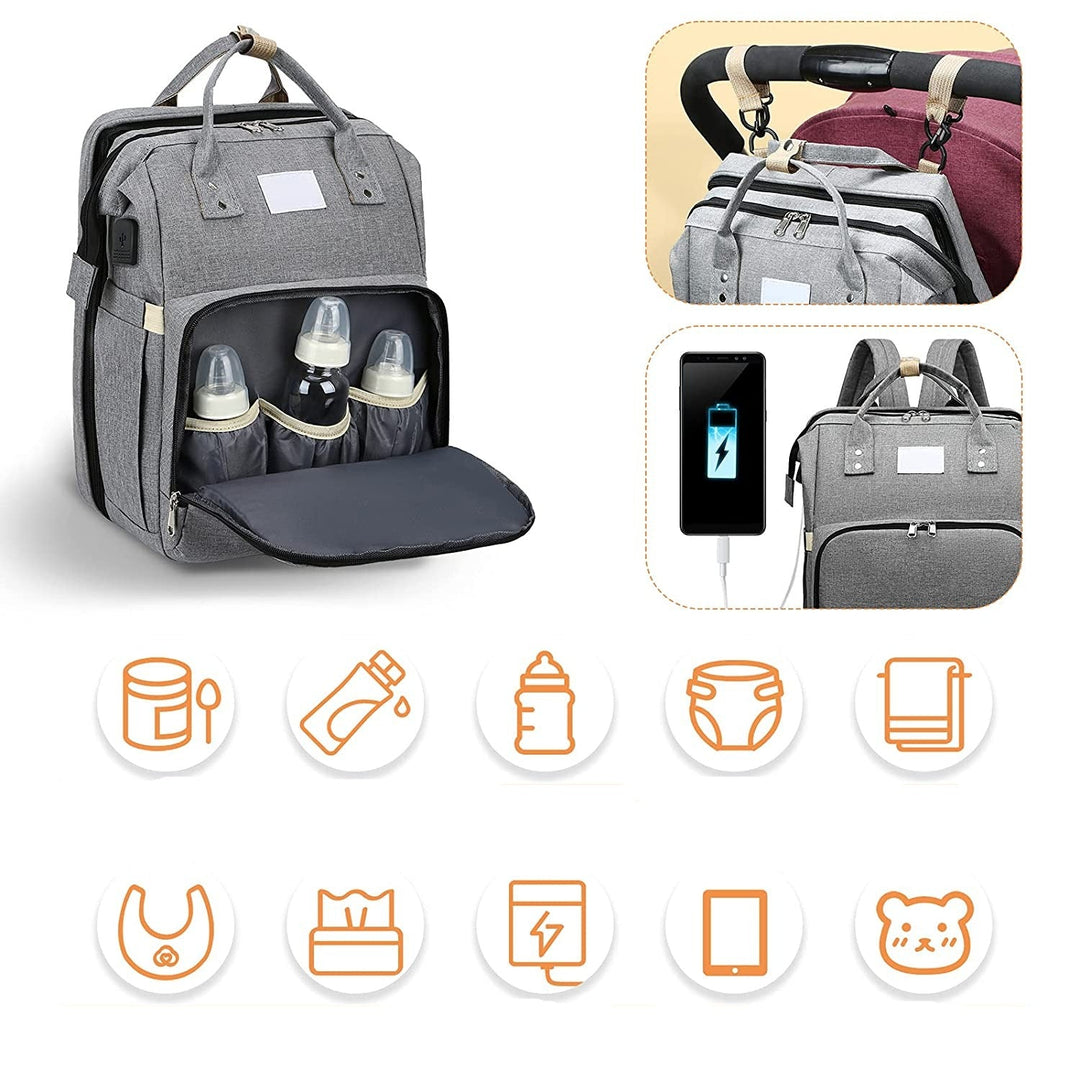 Innovatieve babytas & reisrugzak: openklappend babybed voor snelle dutjes onderweg, multifunctioneel.
