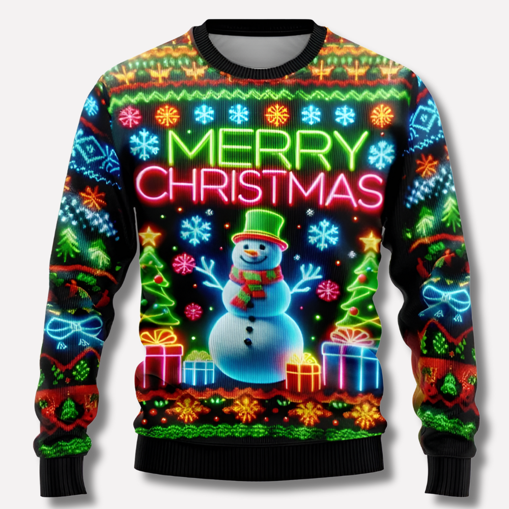 Gebreide unisex kersttrui in neonkleuren met rendieren en sneeuwvlokken; perfecte casual feestkleding.