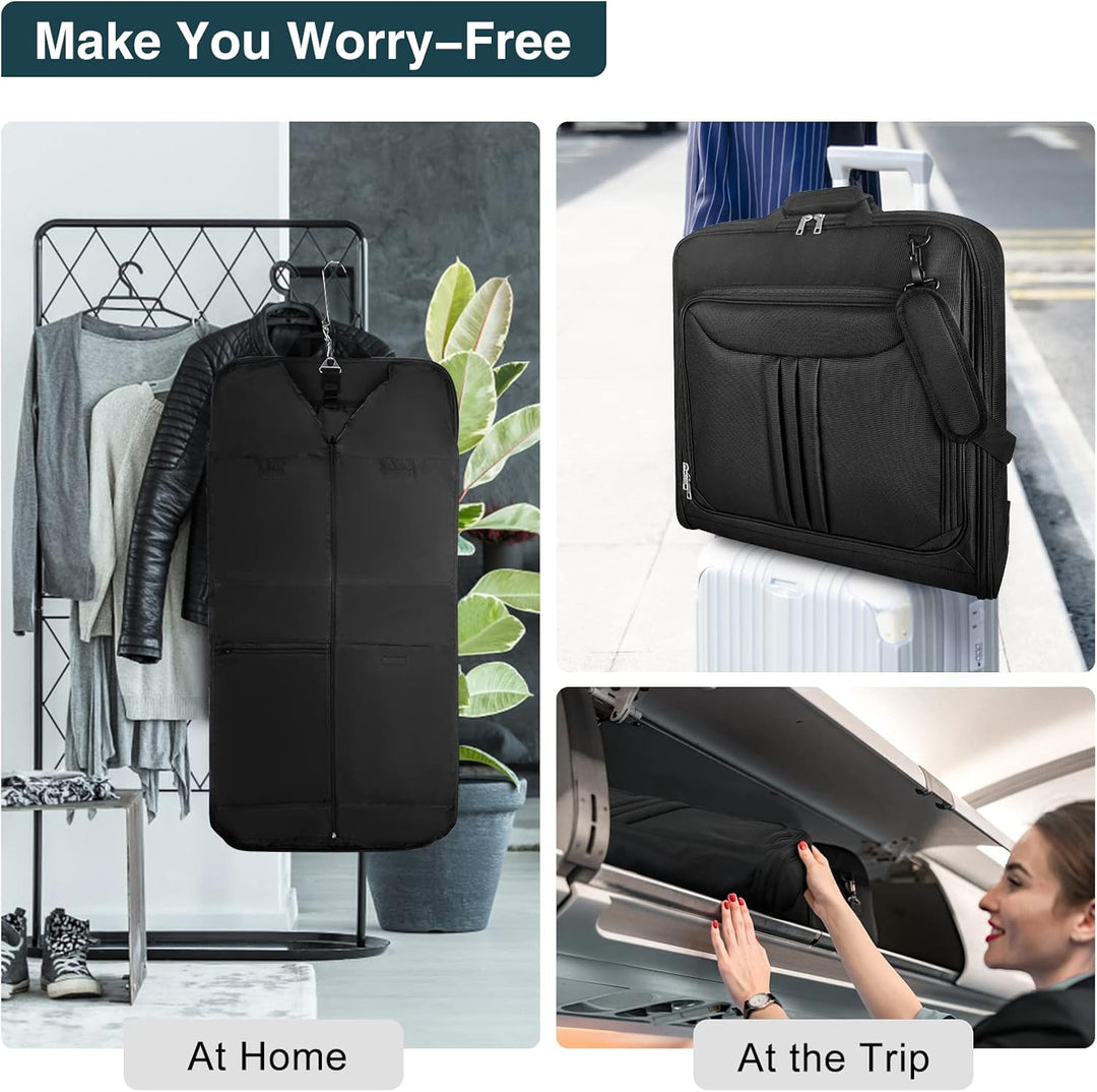 Handige unisex kledingtas als handbagage op luchthaven, perfect voor kreukvrij transport van kleding op zakenreis.