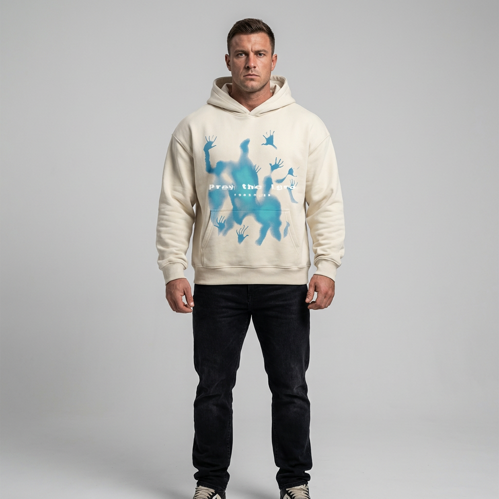 Unisex oversized beige hoodie met grafische print, ideaal voor streetwear en casual comfort.