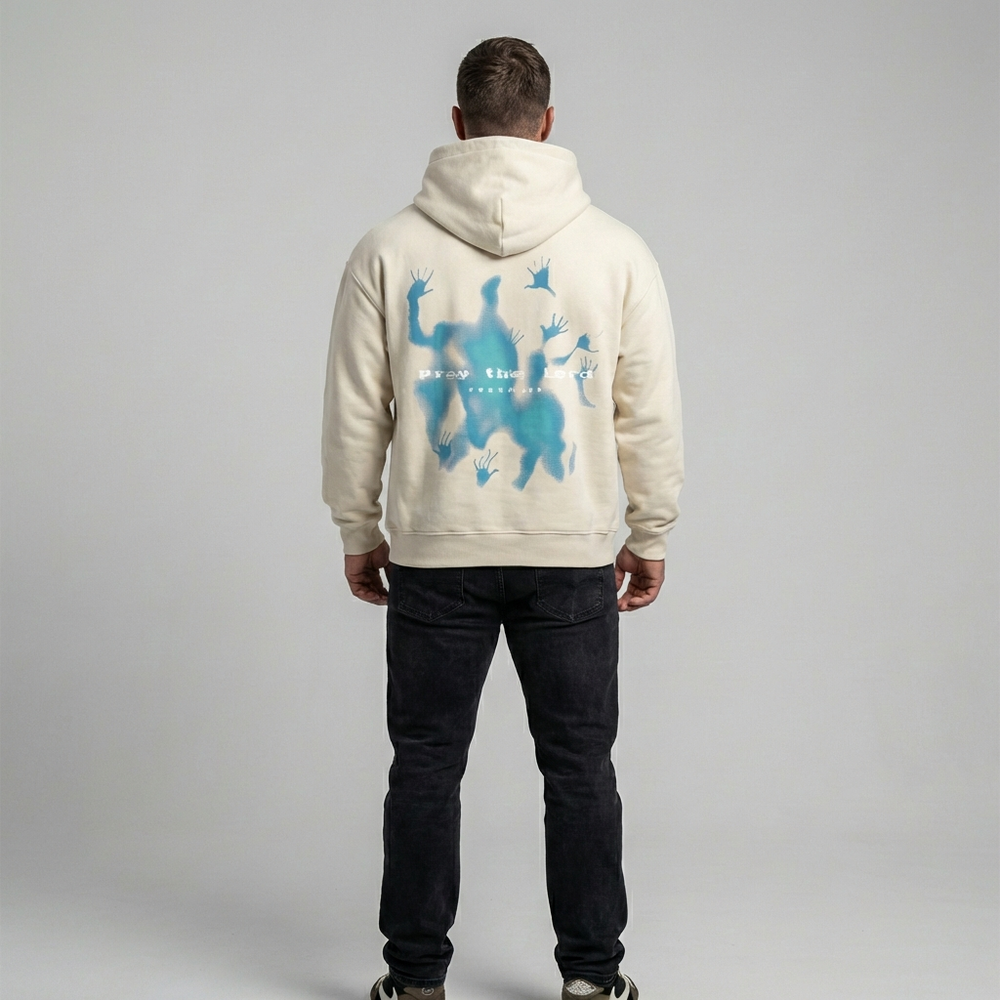 Comfortabele unisex vintage oversized hoodie in beige met unieke grafische print, perfect voor streetwear.