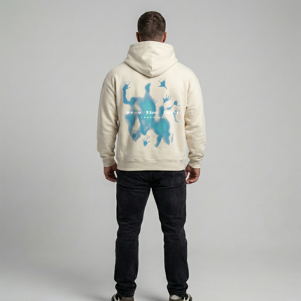 Comfortabele unisex vintage oversized hoodie in beige met unieke grafische print, perfect voor streetwear.