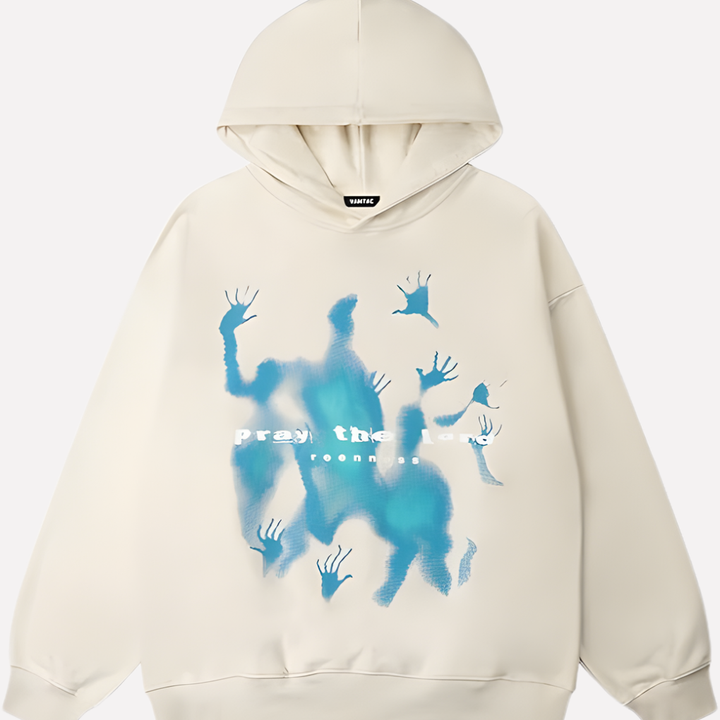 Stijlvolle beige oversized grafische hoodie voor heren en dames, een comfortabele en casual streetwear trui.