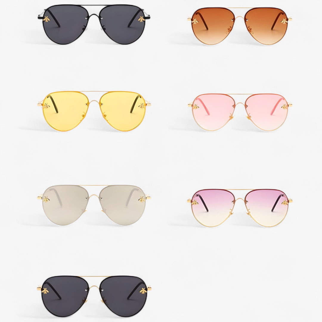 Aviator zonnebril Halcyon met elegant bijendetail op het frame. Een must-have mode accessoire.