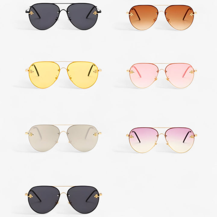 Aviator zonnebril Halcyon met elegant bijendetail op het frame. Een must-have mode accessoire.