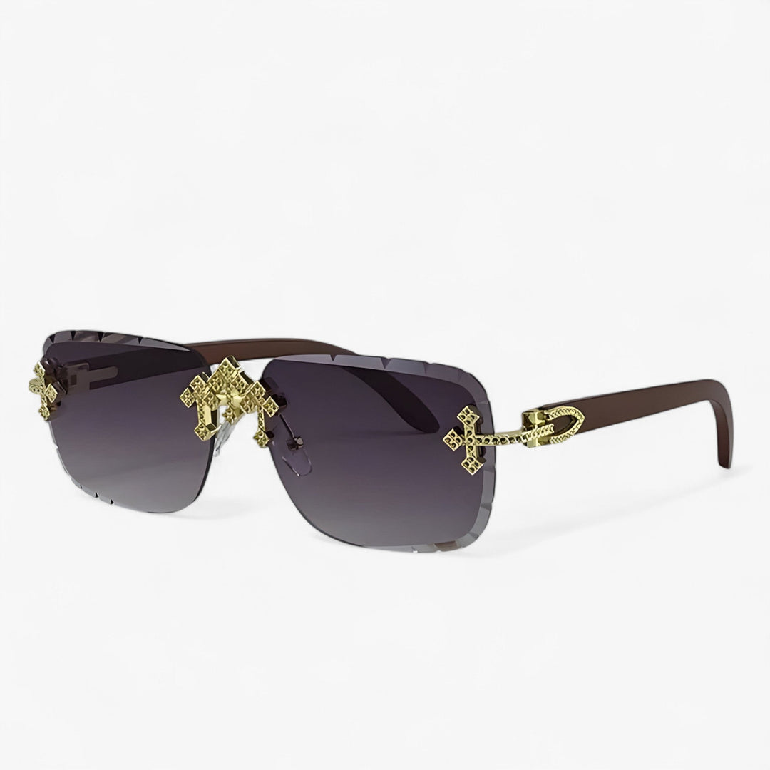 Trendy randloze steampunk zonnebril, unisex model met futuristische metalen details en UV400 bescherming.