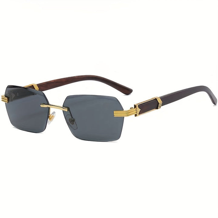 Moderne unisex zonnebril, randloos met rechthoekige glazen en subtiele houtlook poten. Trendy accessoire.
